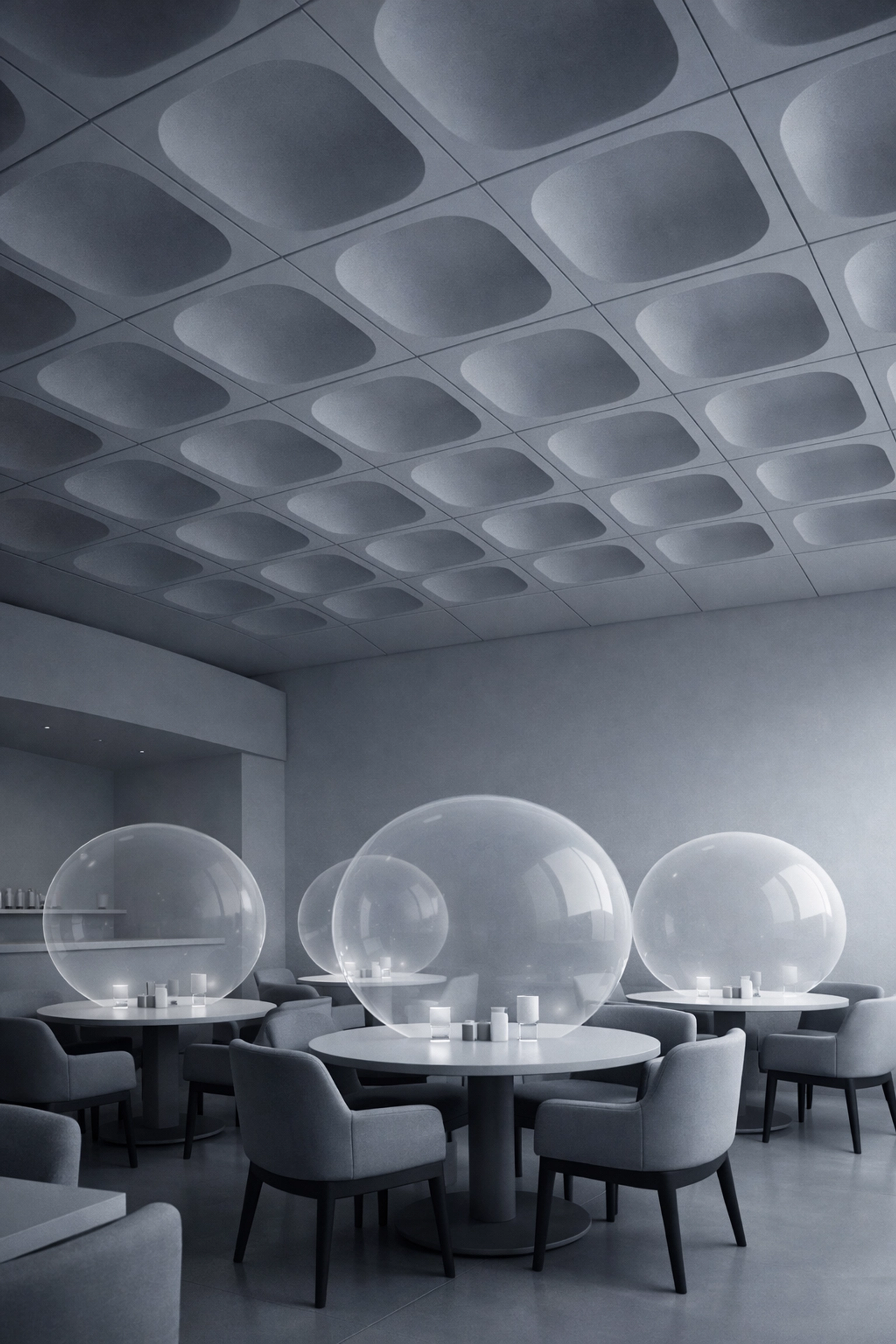 Dining & Socializing: How to Master Noisy Environments with Modern Tech Minimalist restaurant design with acoustic ceiling panels to improve sound quality for diners.