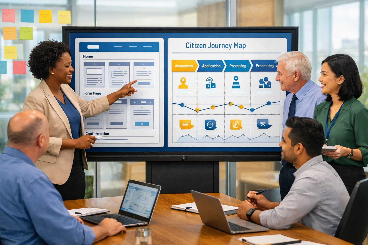 Government IT team collaborating on user-centric design for improved citizen services