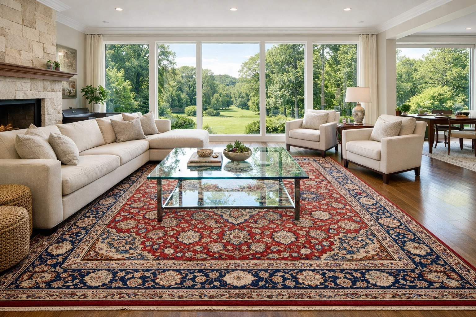A clean oriental rug in a luxury living room showcasing the results of professional rug cleaning.