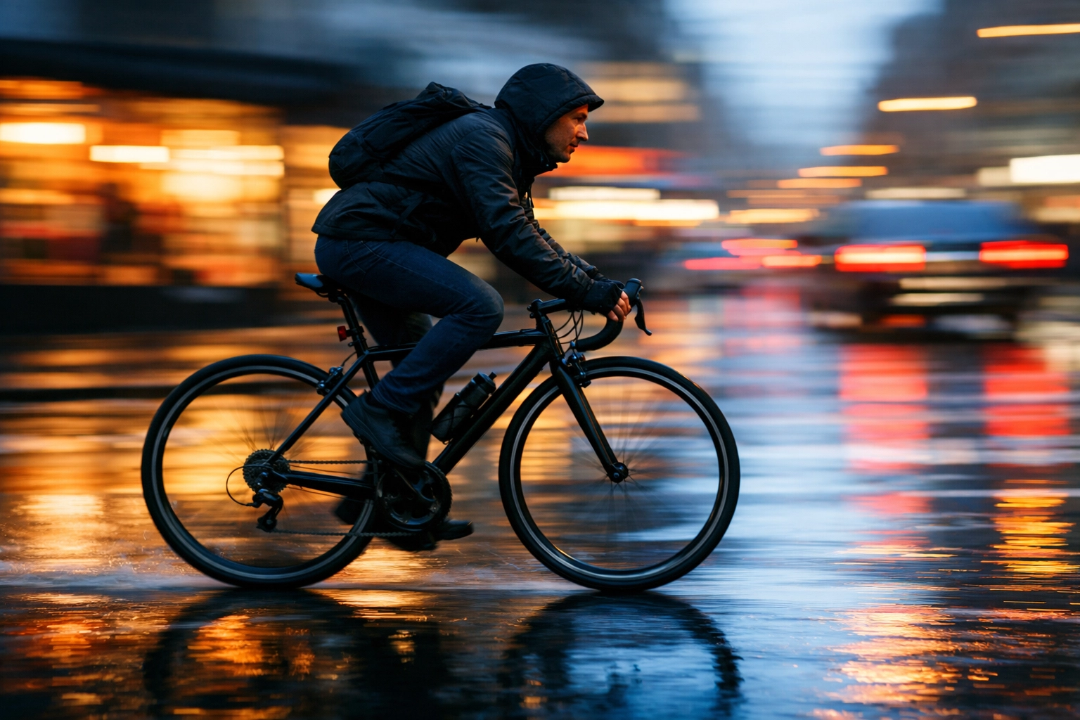 Sharp cyclist in motion with a blurred city backdrop, showcasing creative street photography ideas using motion blur.