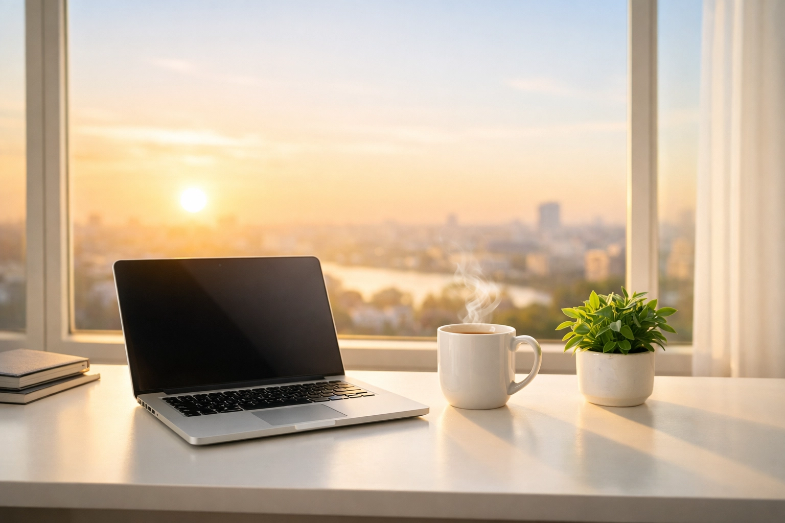 Sunlit home office with laptop, symbolizing organized bookkeeping and proactive tax planning.