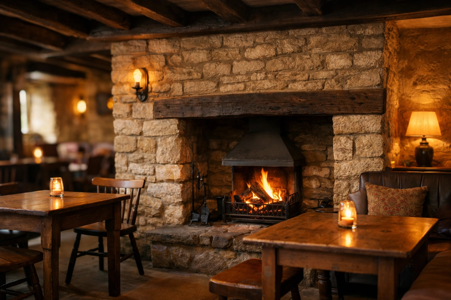 Traditional Cotswold pub interior with a fireplace, perfect for lunch on a Cotswolds day tour.