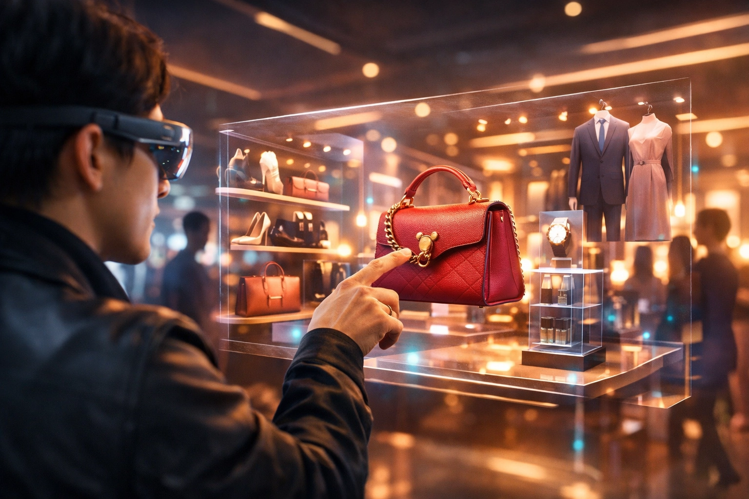 Immersive metaverse shopping experience with a person using AR to browse products in a virtual marketplace.