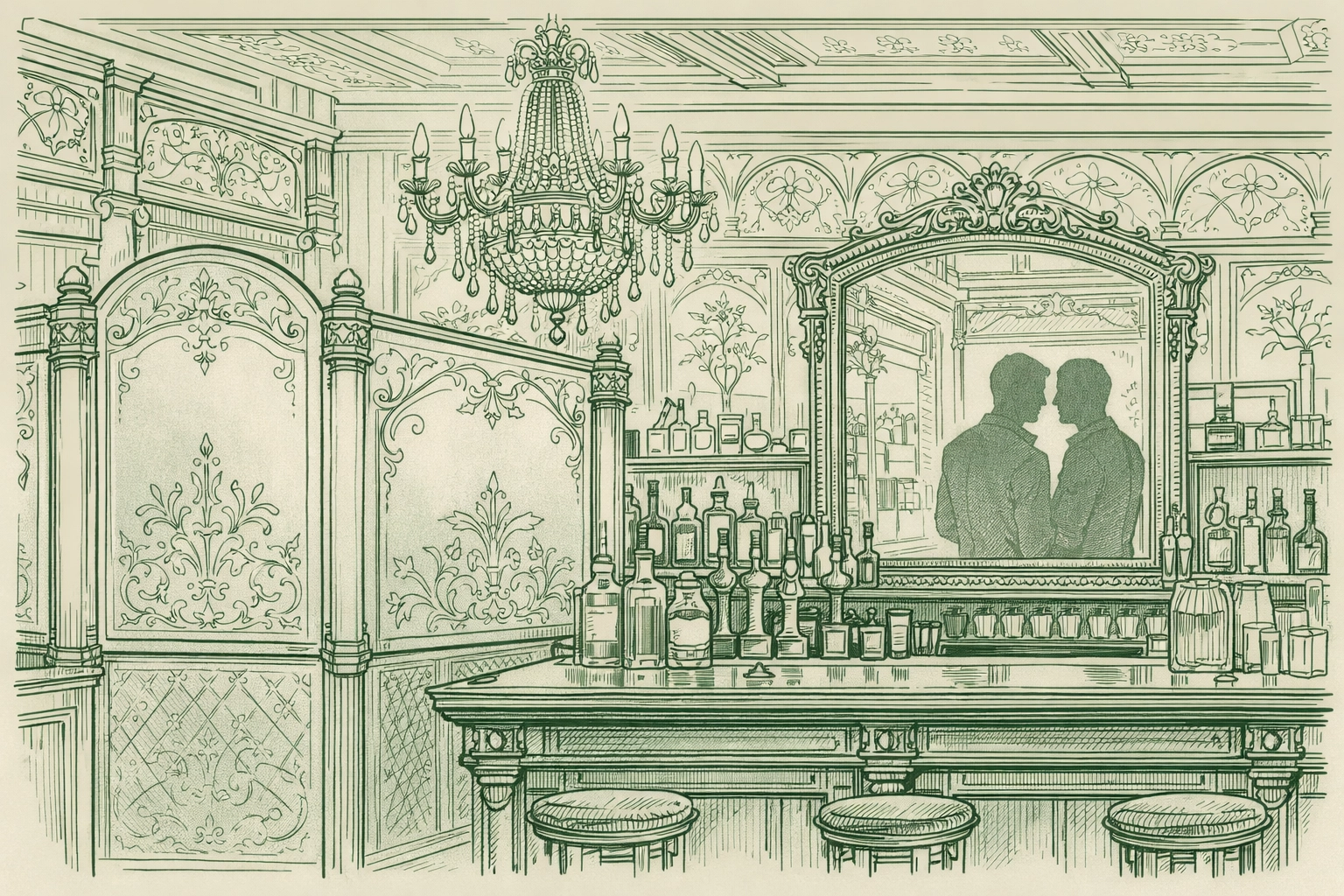 Ornate Victorian gin palace with etched glass and mirrors providing privacy for LGBTQ+ patrons