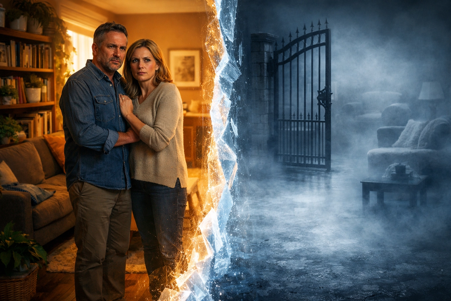 Unmarried couple in their home separated by a symbolic barrier of UK intestacy laws.