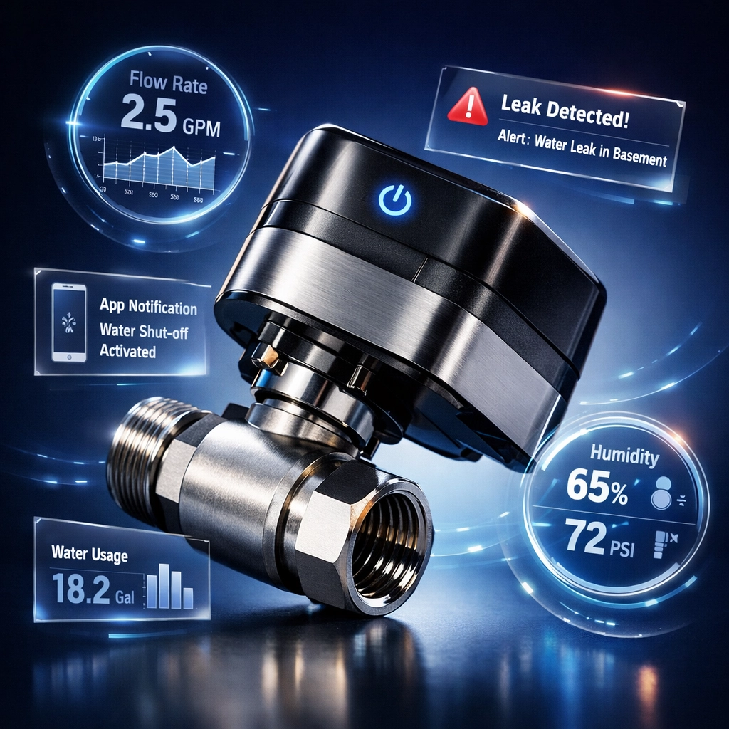 Smart automatic water shut off valve with digital monitoring and mobile alert system