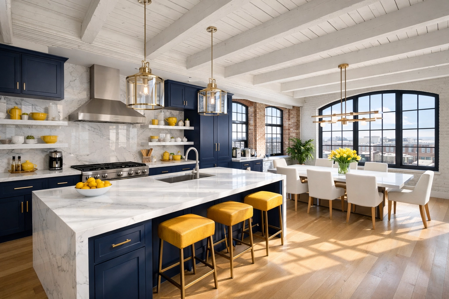 Professionally cleaned modern kitchen in a Worcester MA loft featuring spotless white marble countertops.