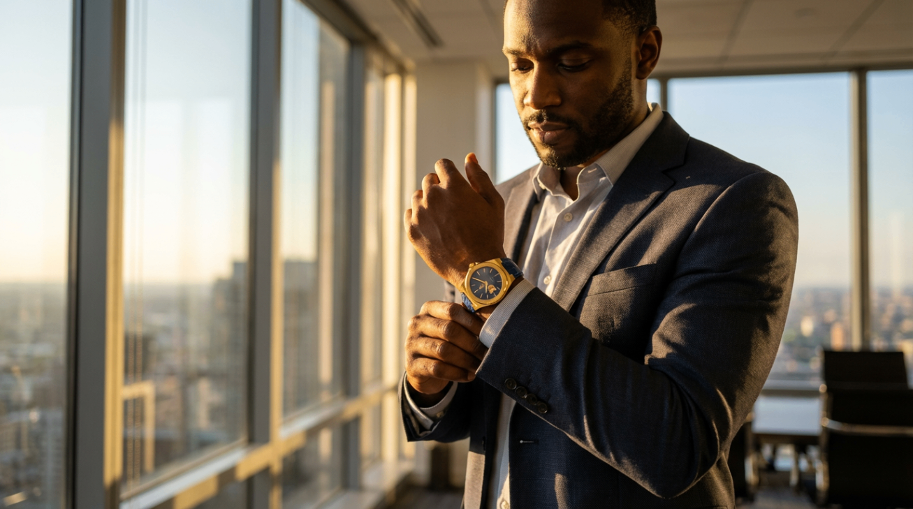 Man in a blue suit adjusting his Day & Night Watch Co. watch.