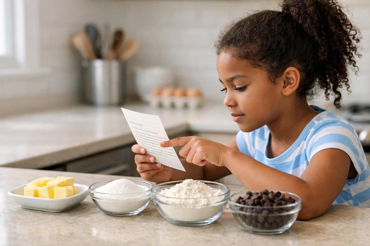 Meisje leest recept en organiseert ingrediënten op volgorde
