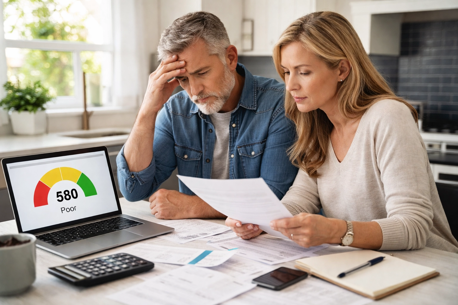 Stressed Texas family reviewing credit scores and documents at a kitchen table, worried about collections impact