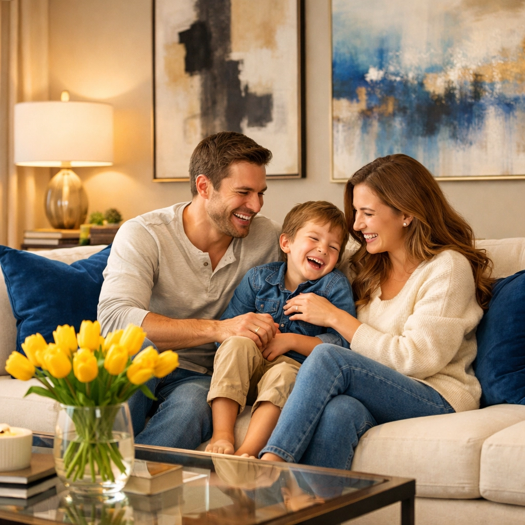 A happy family relaxes in a clean living room after a professional house cleaning Lowell MA service.