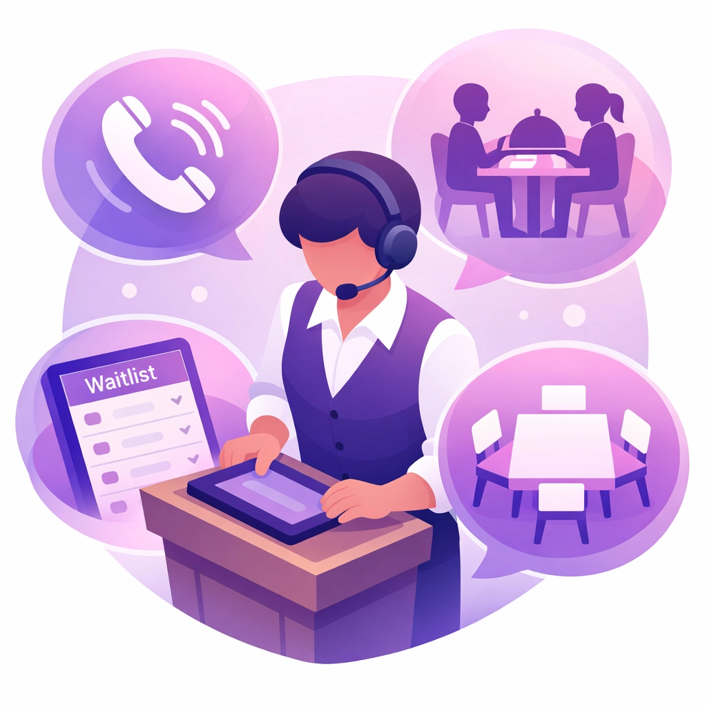 Restaurant host juggling multiple tasks: phone calls, guests, reservations, and table management