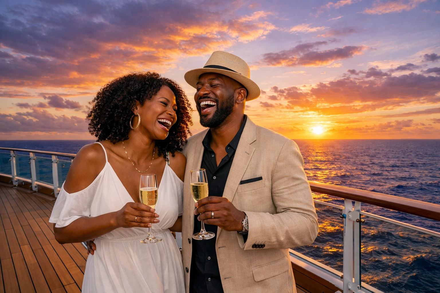 Couple enjoying sunset drinks on a ship, a curated experience from a Lifestyle Cruises travel agent.