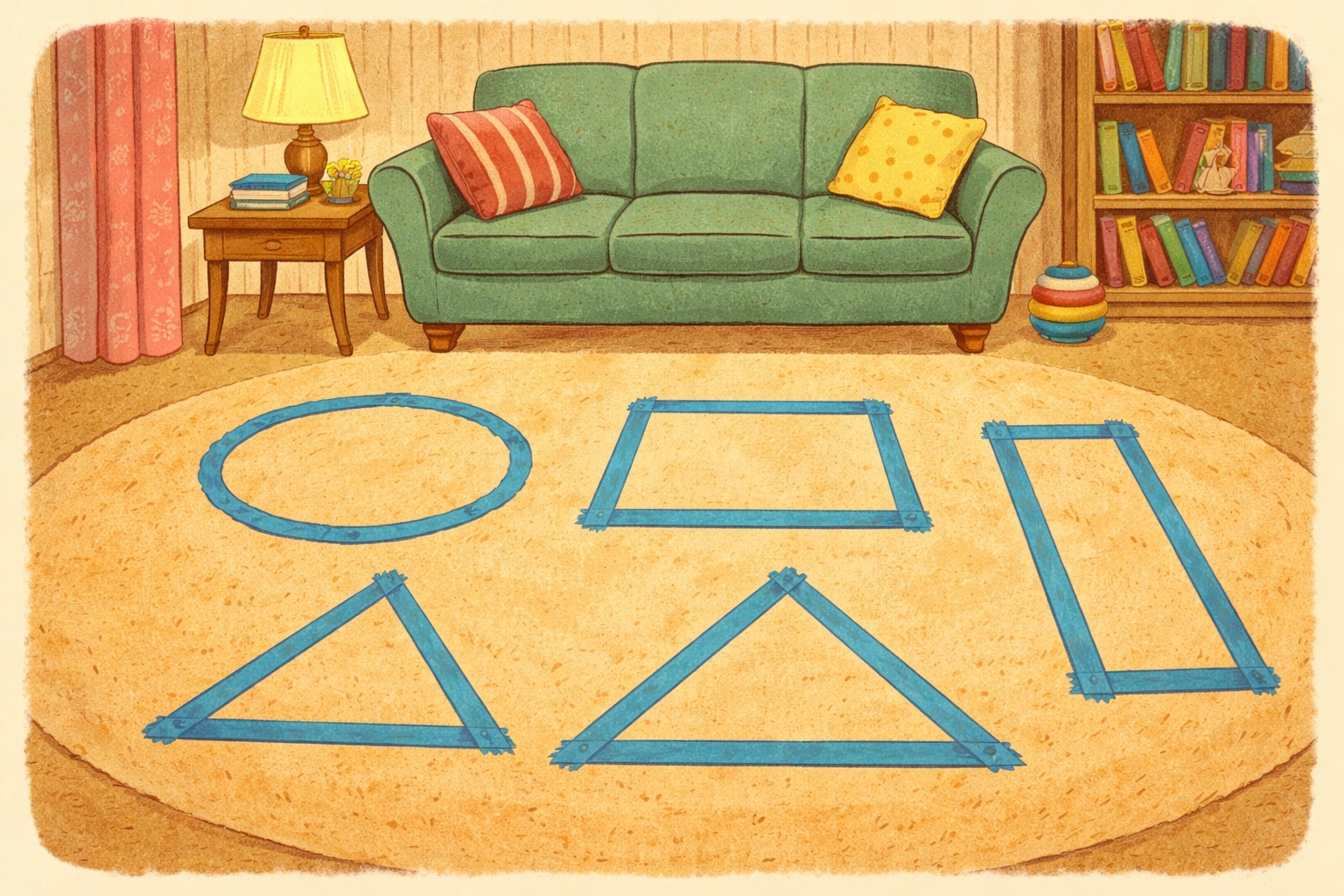 Colorful painter's tape shapes arranged on a living room floor, perfect for an indoor kids' shape jumping game