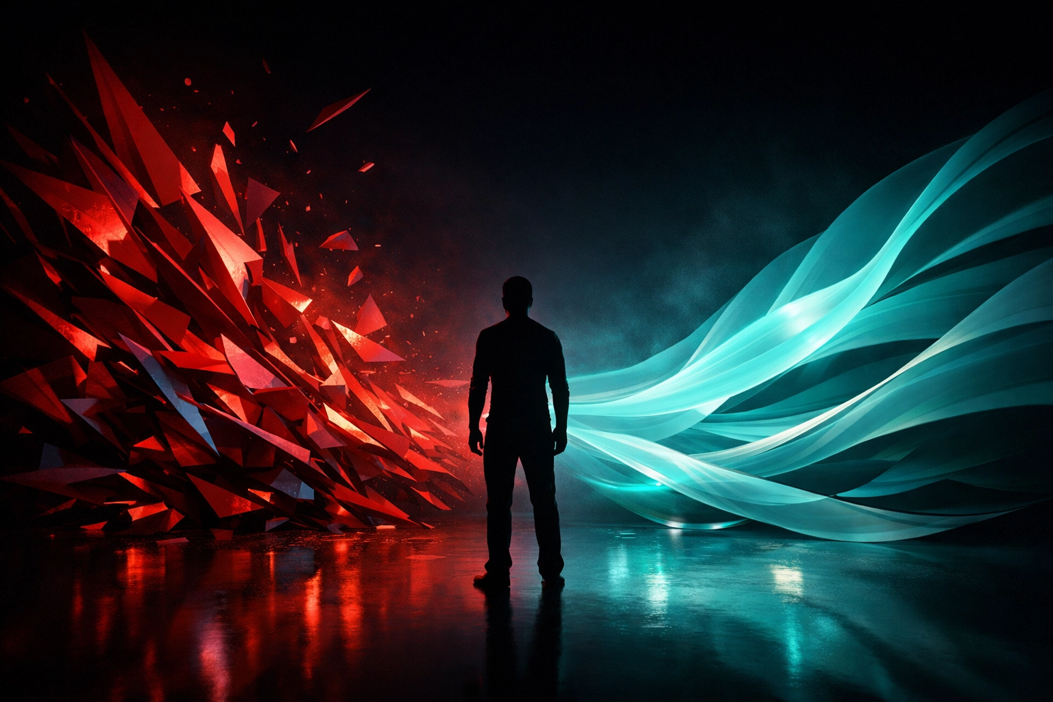 Visual transition from stressful red to calm teal, representing a modern healthcare digital marketing agency approach.