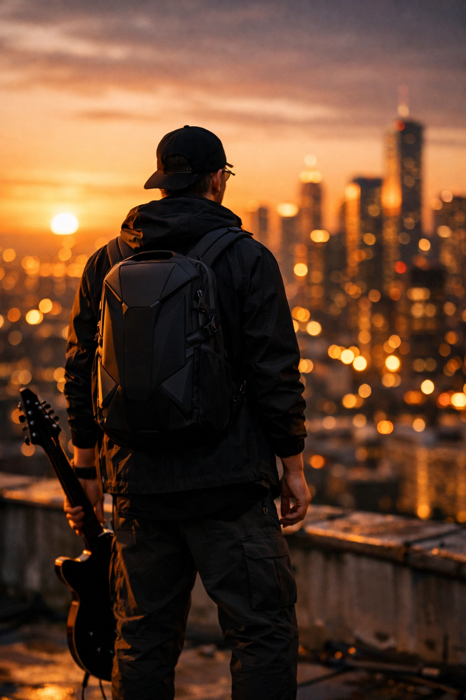 Musician building their visual brand on a city rooftop with a minimalist tech backpack.