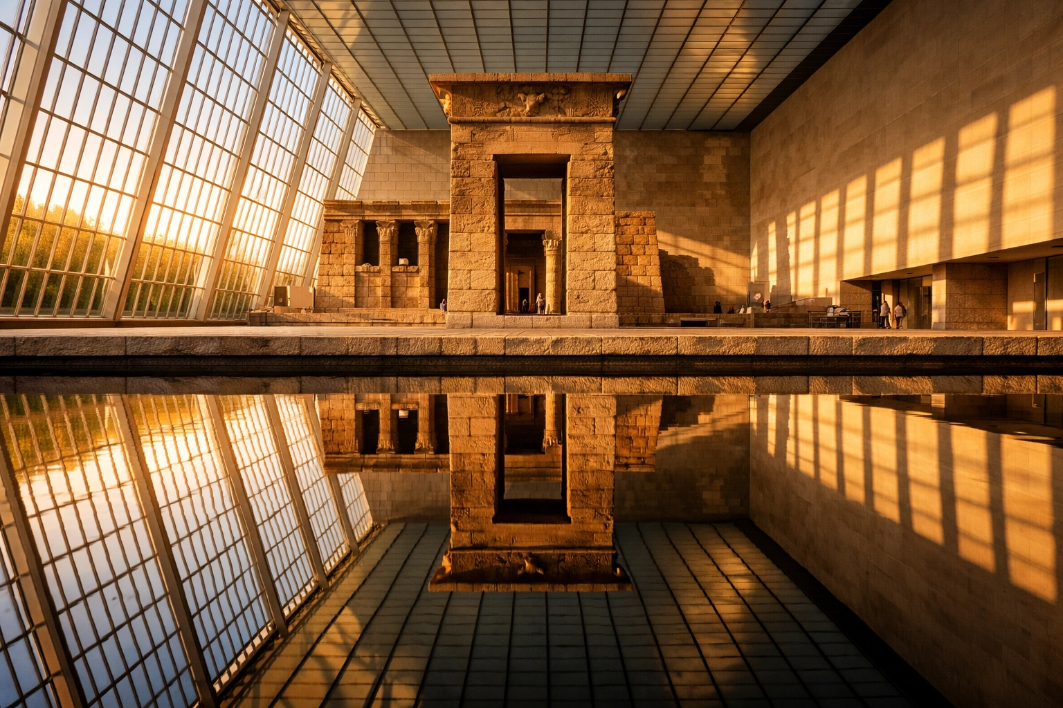 Reflection of Temple of Dendur in the Sackler Wing pool, one of the best photography locations at the Met.