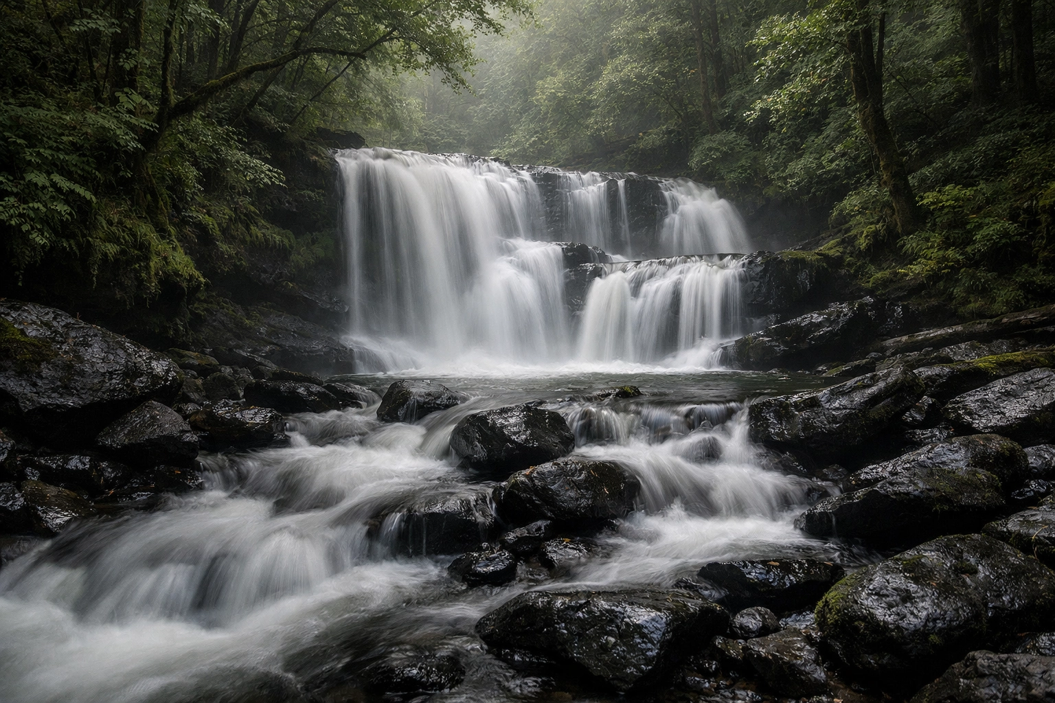Ethereal photography of a forest waterfall using long exposure to create a soft misty fine art effect.