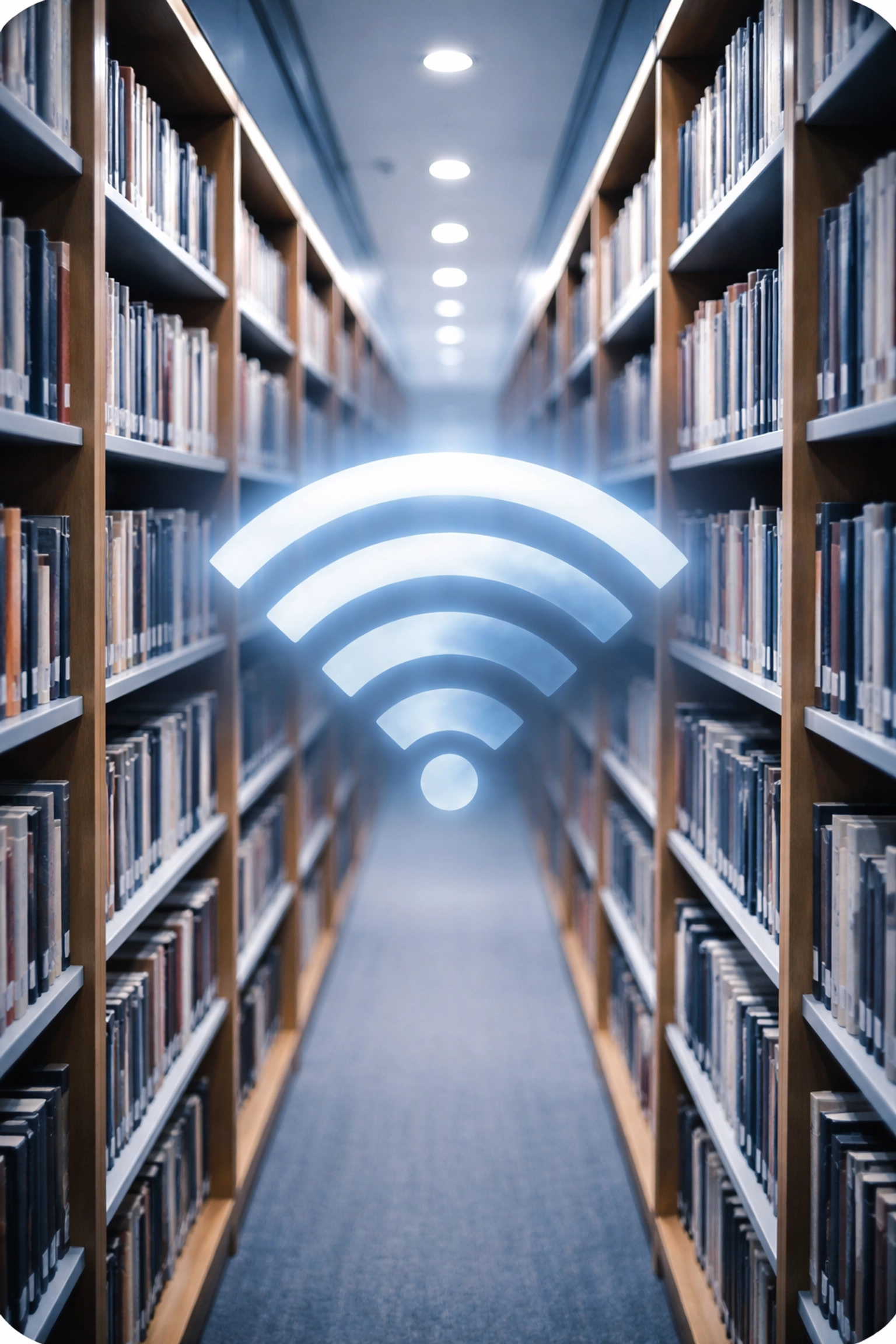 Tall wooden library bookshelves blocking WiFi signal, illustrating connectivity challenges in libraries