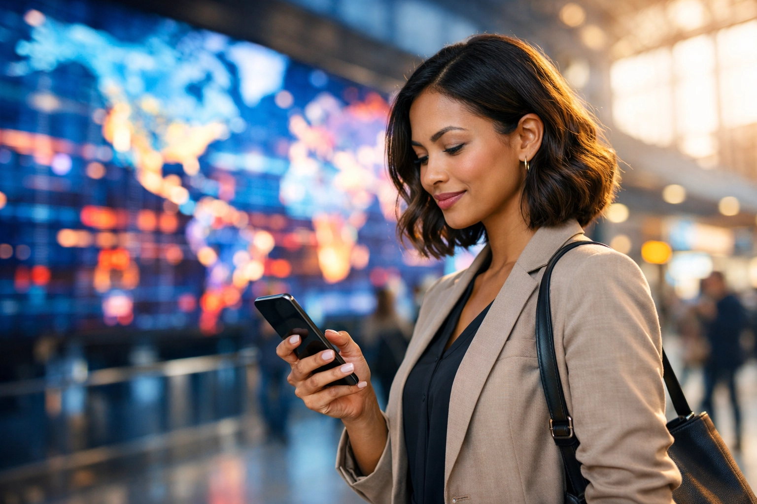 Professional woman in a transit hub highlighting Dakdan Worldwide multi-platform brand partnership strategies.