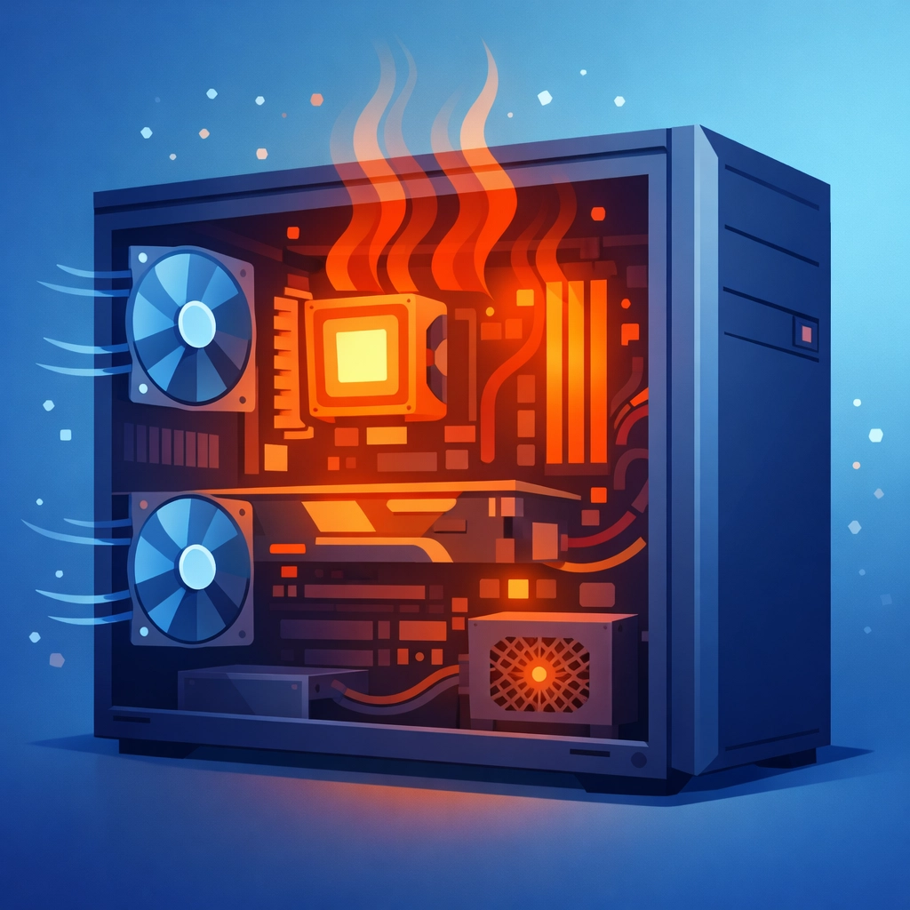 Overheating computer with dust buildup requiring PC repair and maintenance