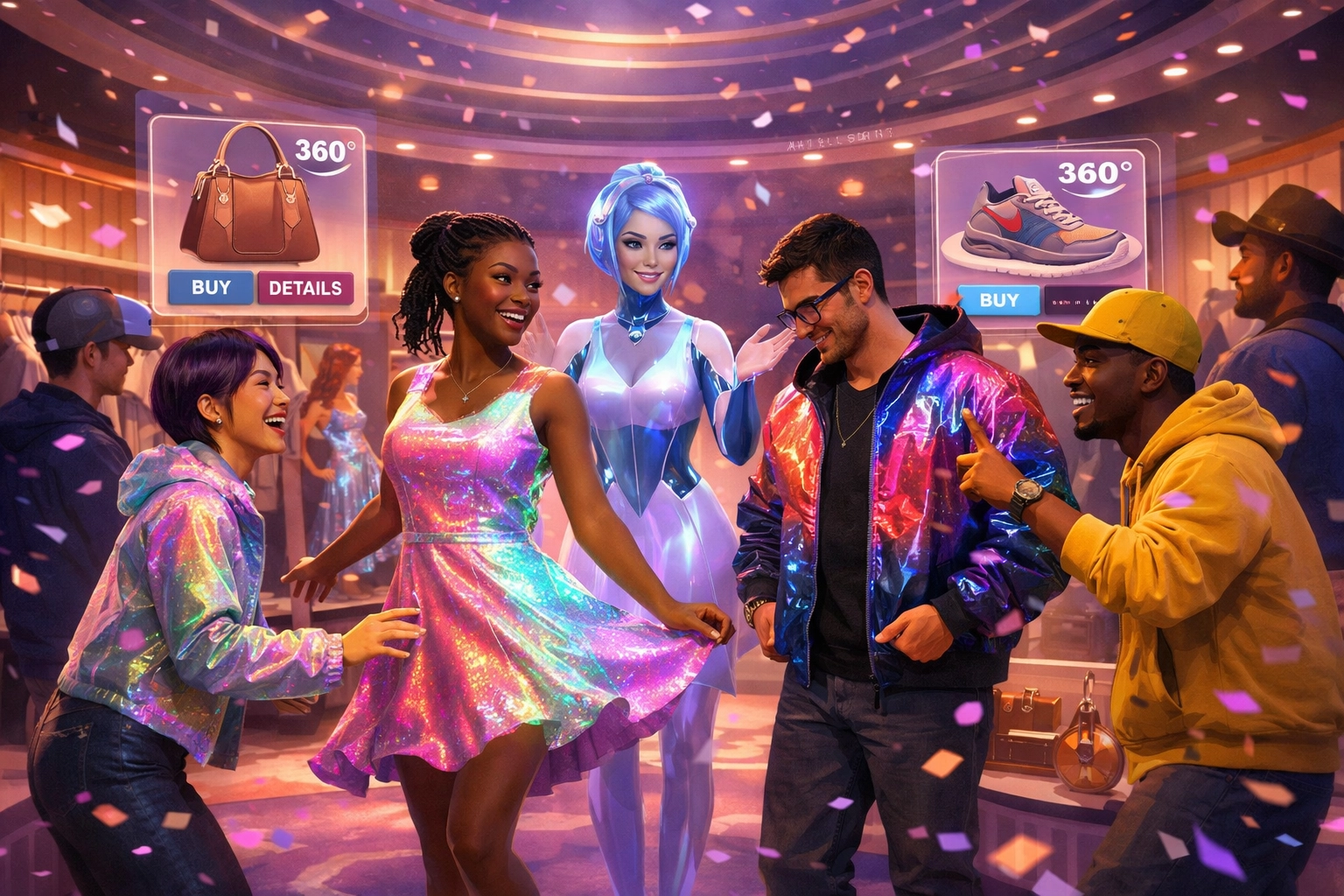 Social VR shopping experience with avatars trying on virtual clothing in immersive metaverse boutique