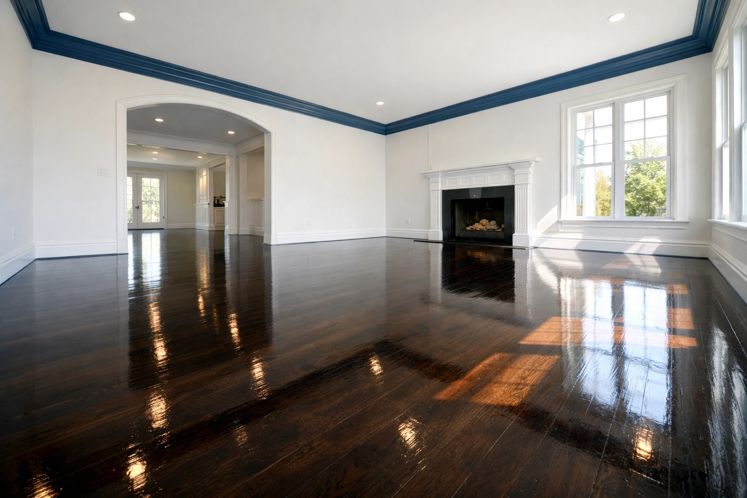 Sunlit Weston living room with sparkling hardwood floors after a luxury house cleaning visit.
