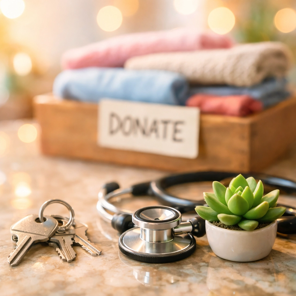 Household and medical items representing diverse tax deduction categories on a marble surface.