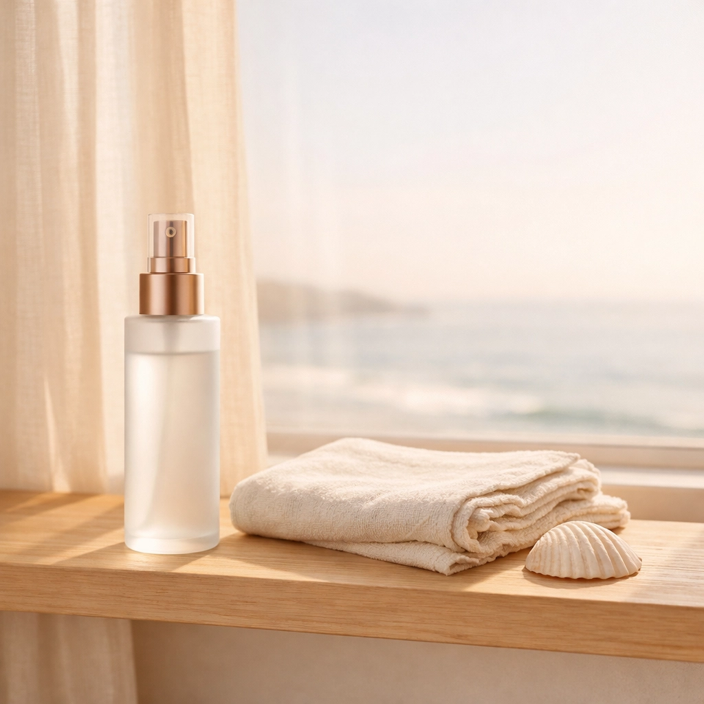 Luxury face mist on coastal bathroom shelf showcasing Mt Martha Peninsula lifestyle