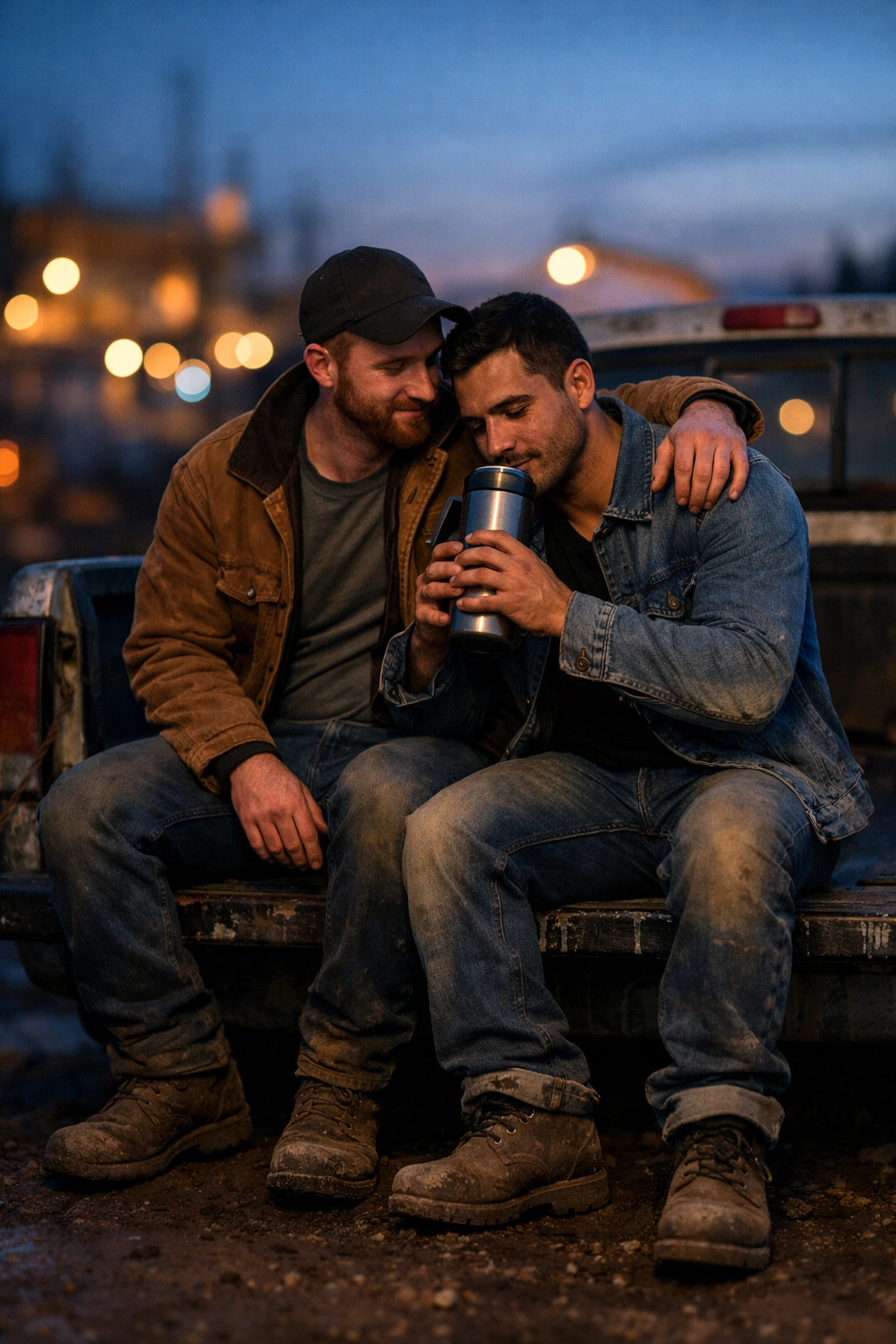 Two blue-collar gay men sharing a coffee and a quiet embrace on a pickup truck tailgate after work.