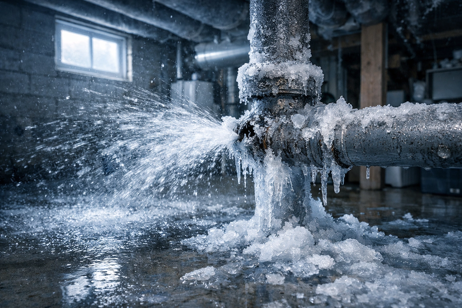 Burst frozen pipe causing water damage in an Anchorage home basement