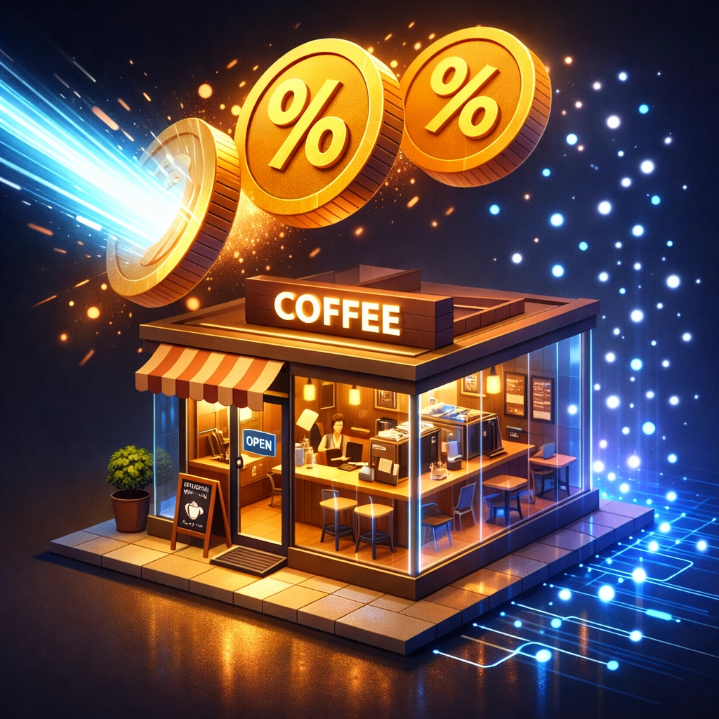 Small business coffee shop reducing payment processing fees with gas-only crypto transactions