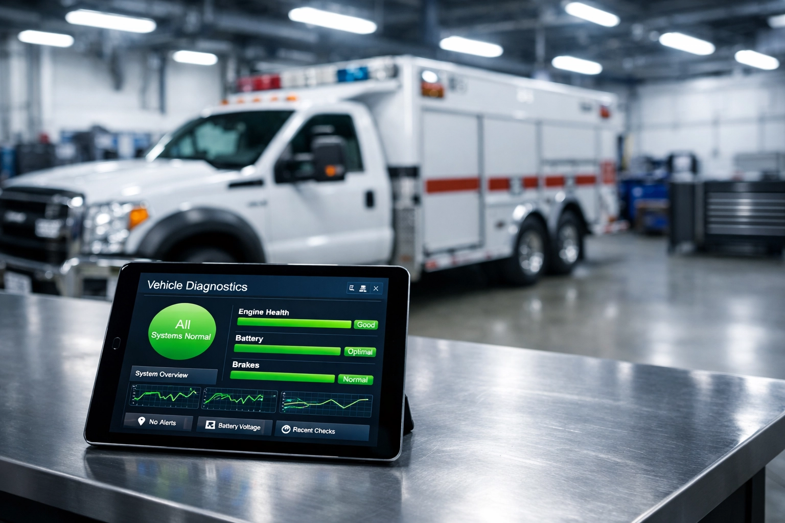 Digital diagnostic tablet used for preventative maintenance in a fleet upfitting facility.