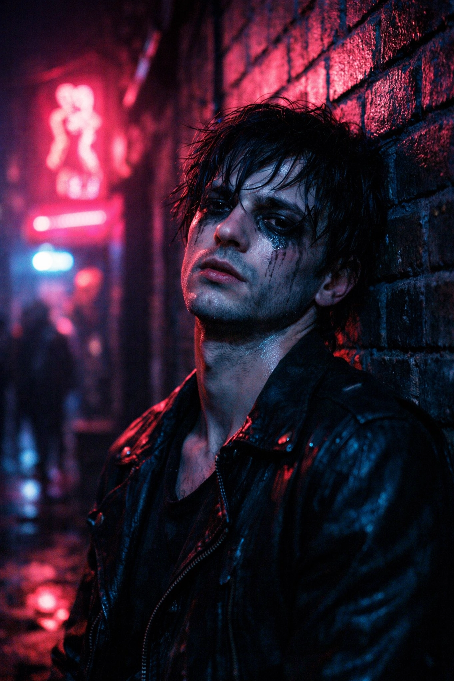 A weary gay man in a neon-lit urban alley, depicting the dark side of addiction in the city.
