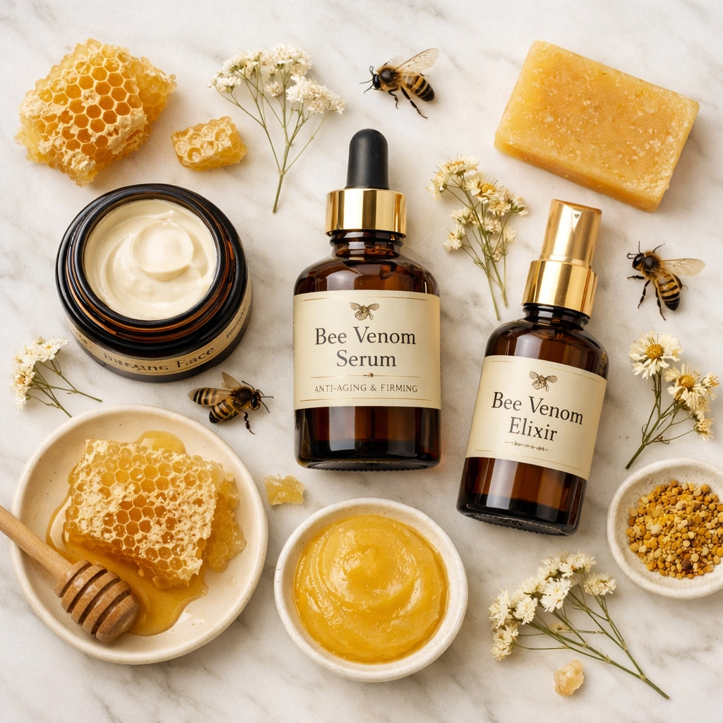 High-quality bee venom skincare products including soap and honeycomb on marble surface