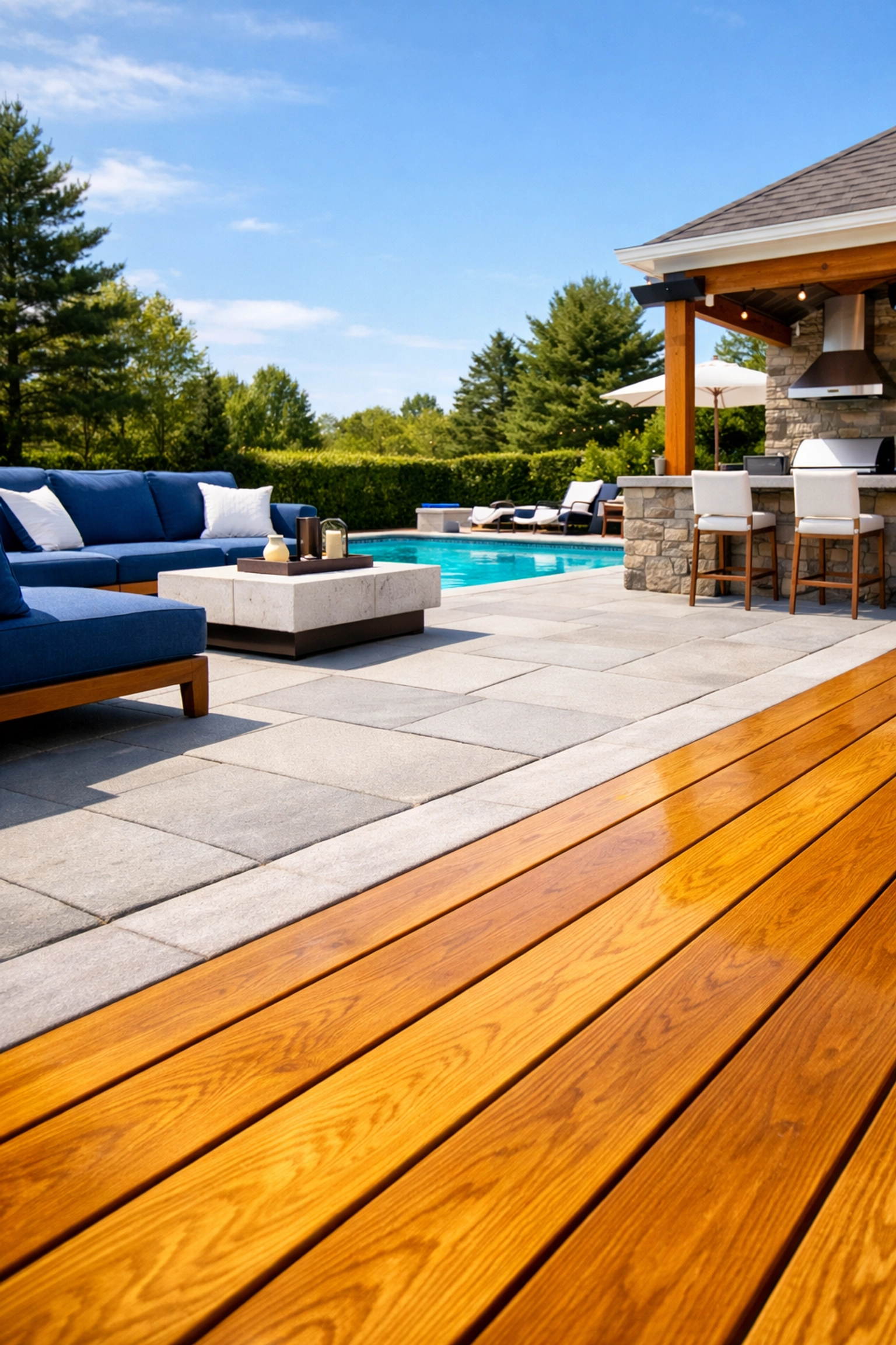 A spotless wooden deck and stone patio area after a professional eco-friendly exterior cleaning service in MA.