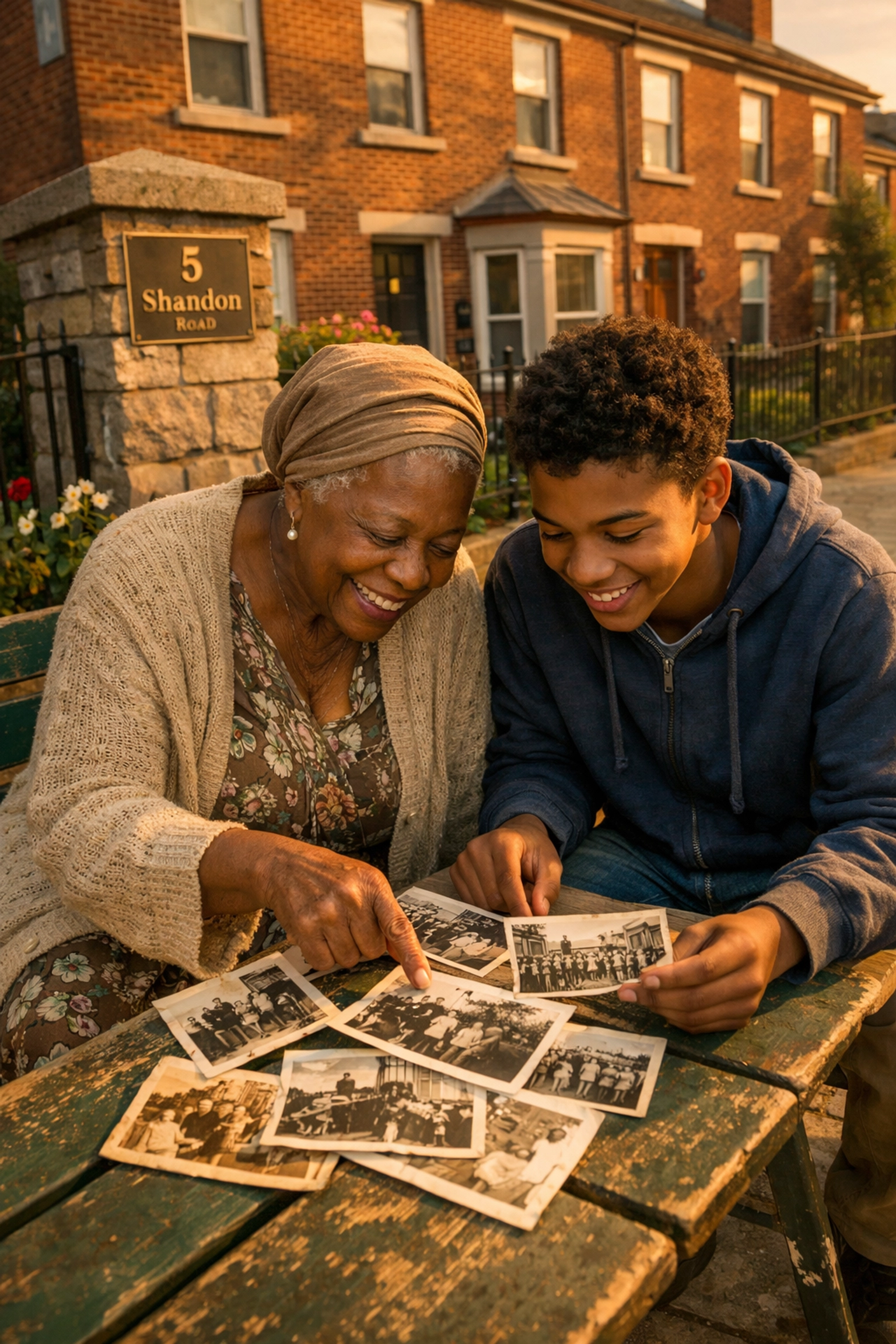 Elderly resident and youth looking at vintage photos at Franklin Hill, representing a 50-year legacy in Dorchester.