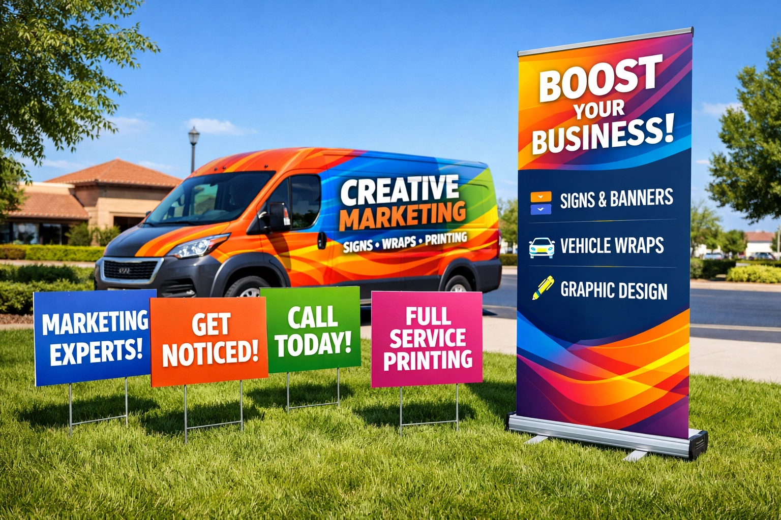 Custom yard signs and a promotional pop-up banner alongside a wrapped business vehicle.