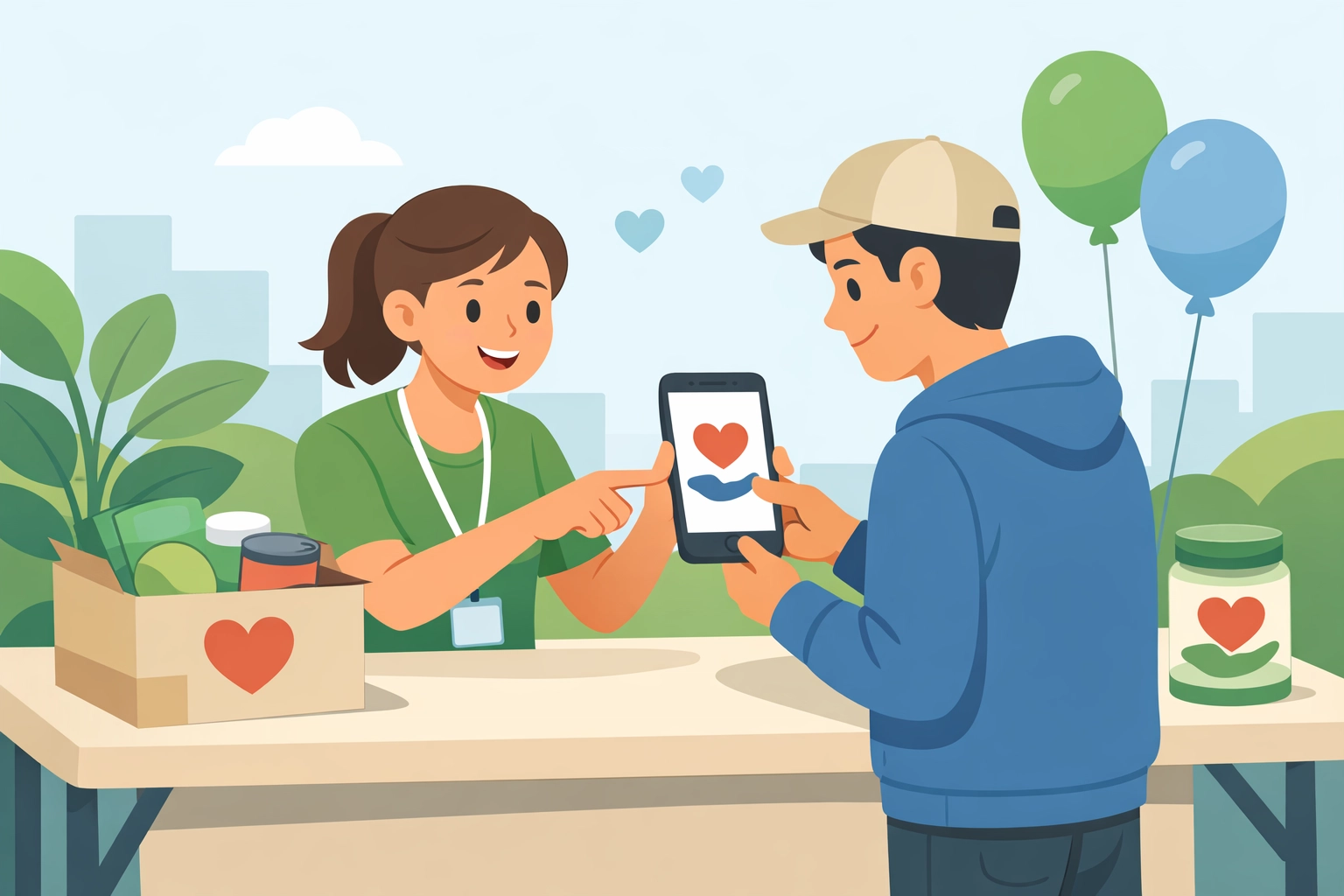 A volunteer helping someone use their phone at the welcome table at Green River Alliance Church