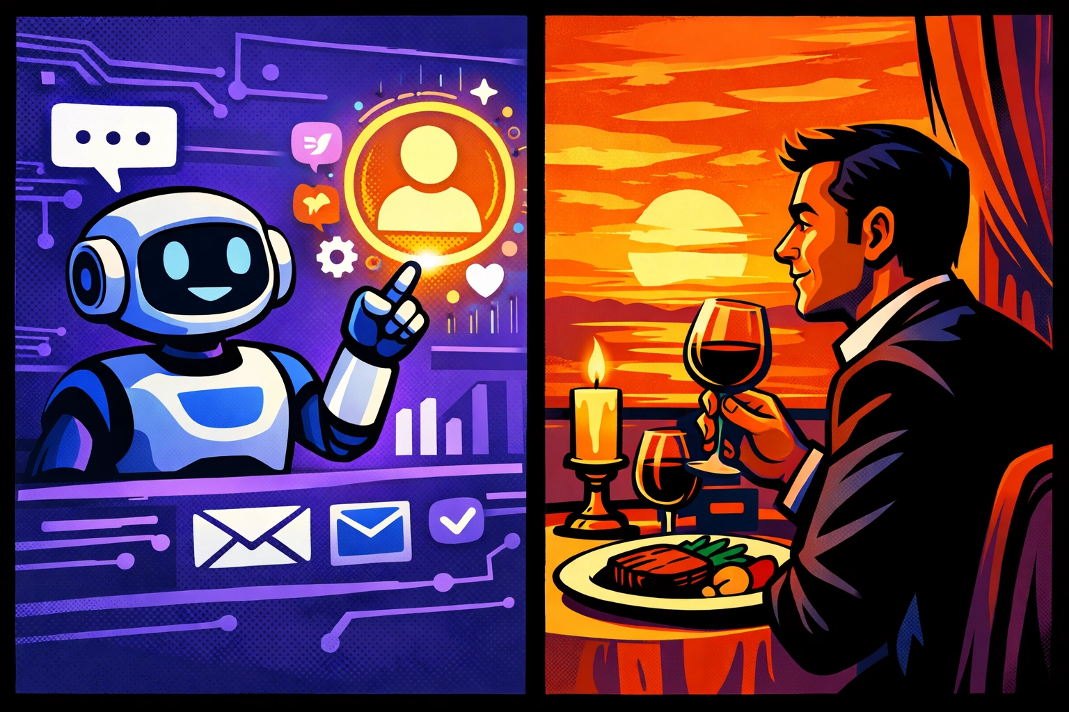 Business automation tools managing customer support chatbot tasks while the owner enjoys dinner.