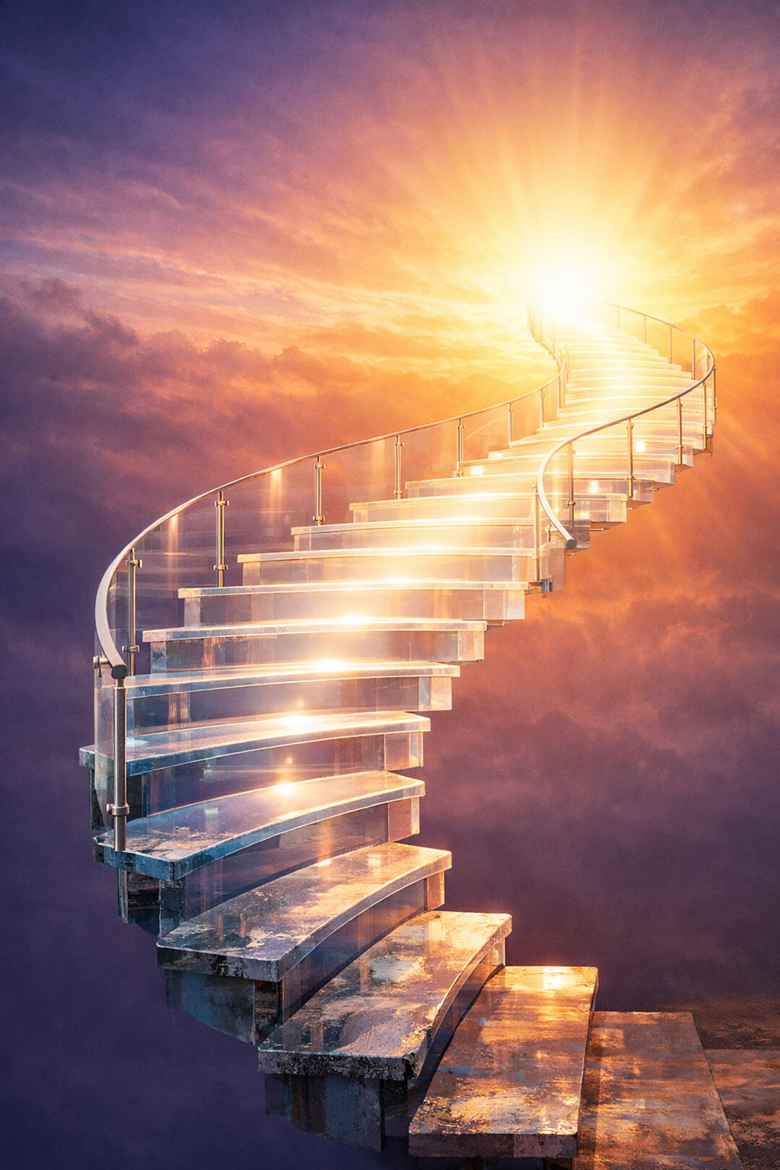 A winding glass staircase rising toward a bright horizon representing the YouTube subscriber compounding effect.