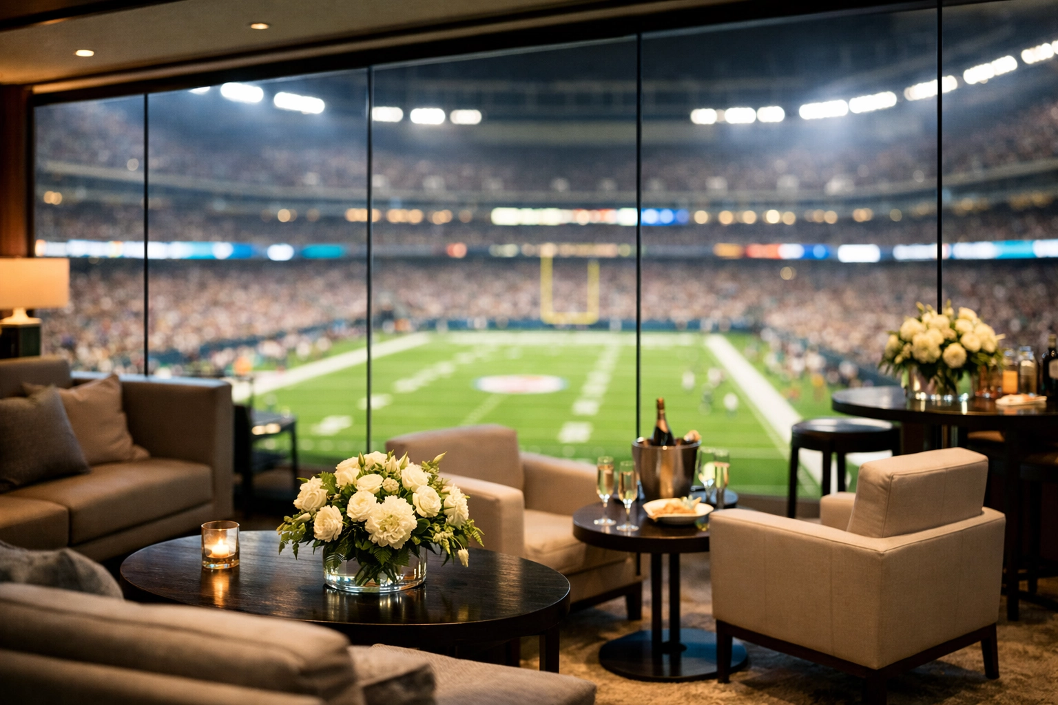 Luxury corporate hospitality suite overlooking the stadium for Super Bowl executive networking events.