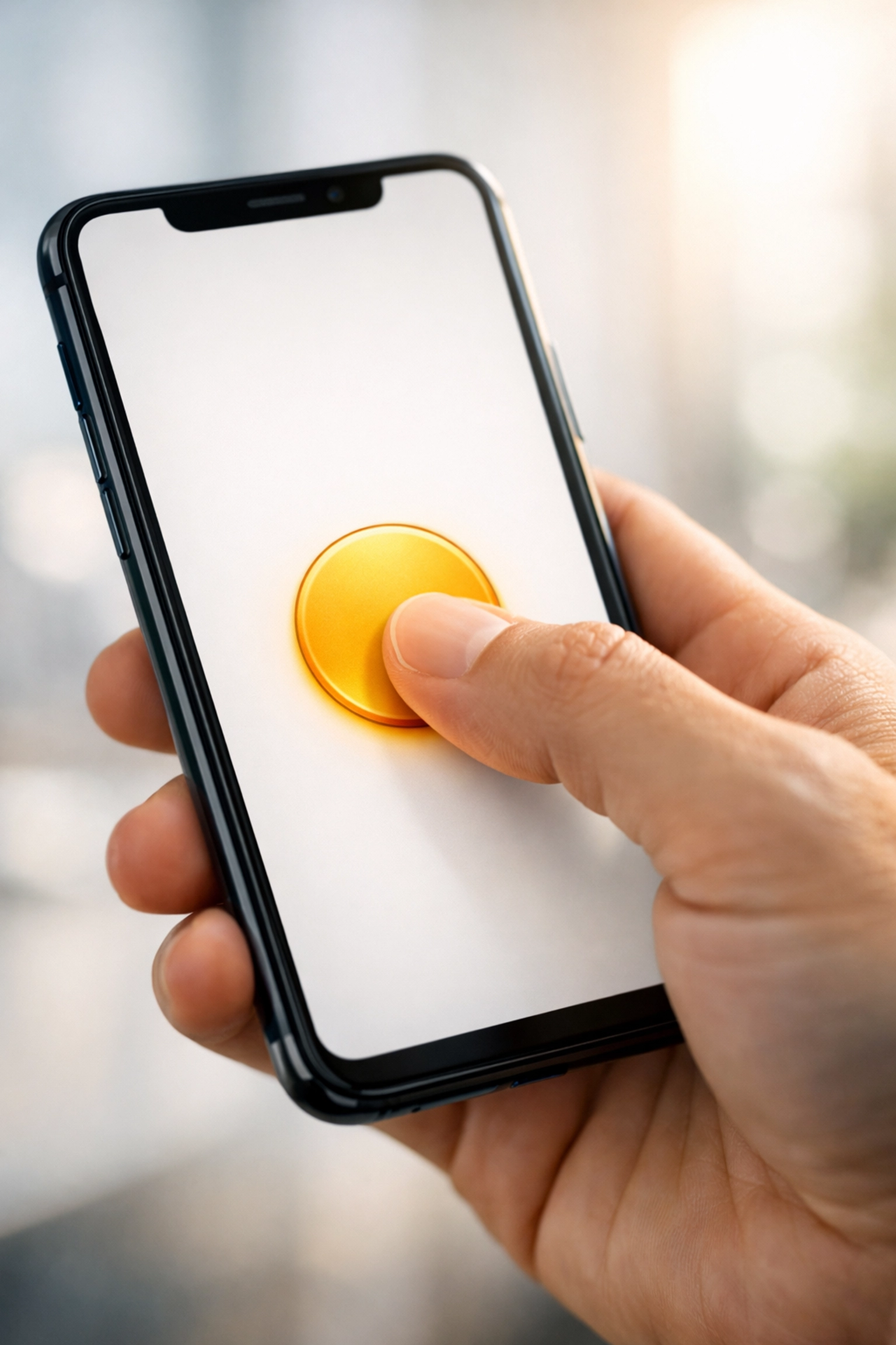 Hand tapping a simple button on a mobile phone to quickly access a direct Google review link.