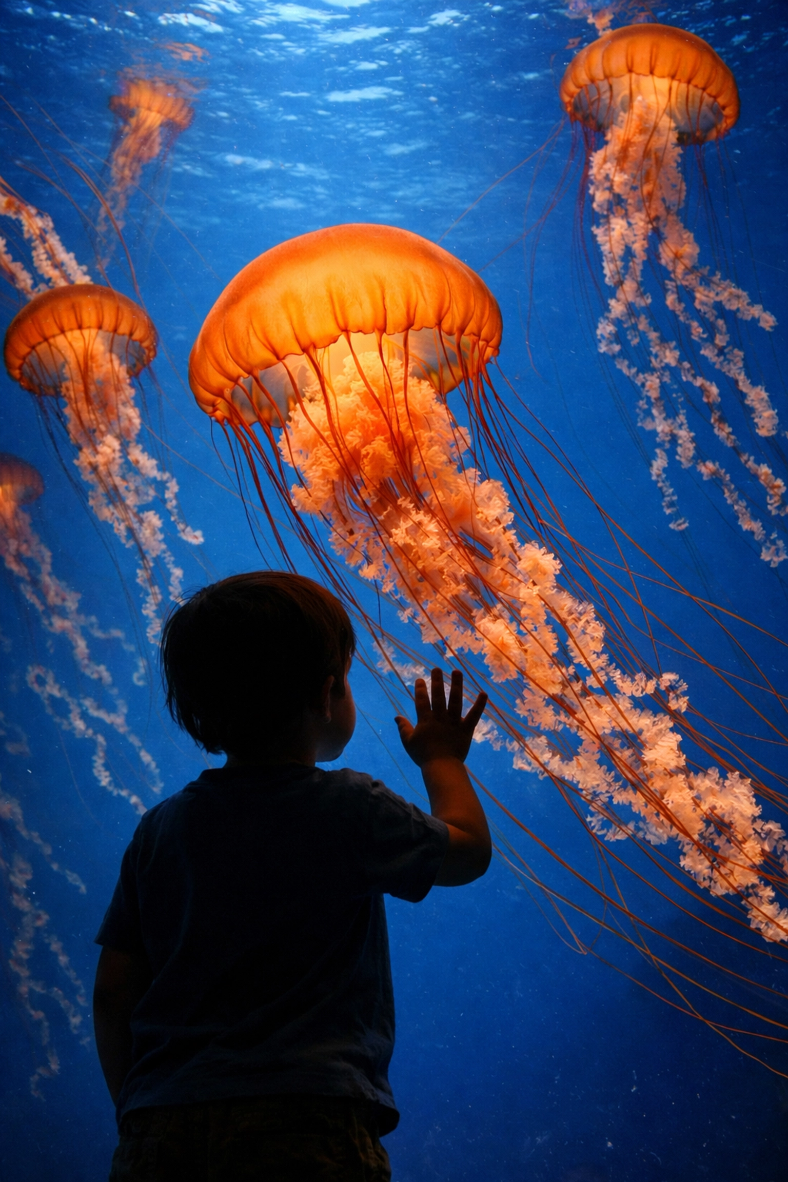 A young child observing a glowing jellyfish exhibit, showing authentic aquarium visitor engagement.