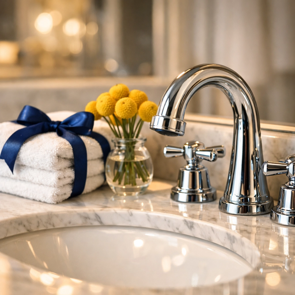 A pristine, restorative luxury bathroom vanity showing the deep-clean results of professional cleaning.