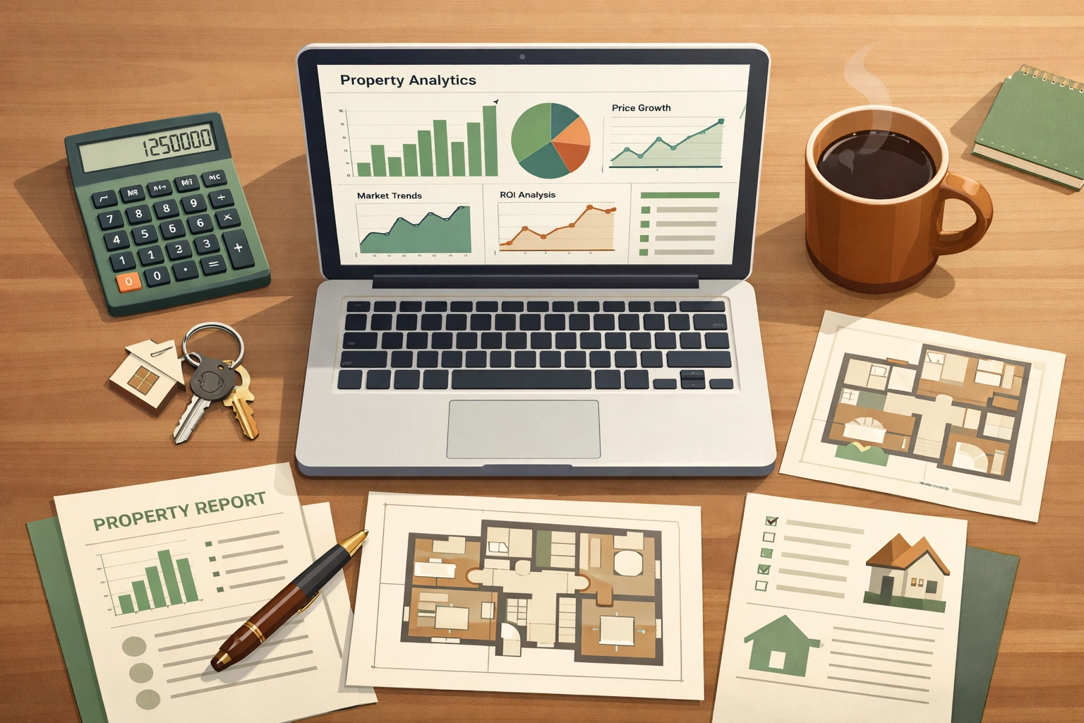 Real estate investor's desk with laptop analytics, calculator, and property documents for deal analysis