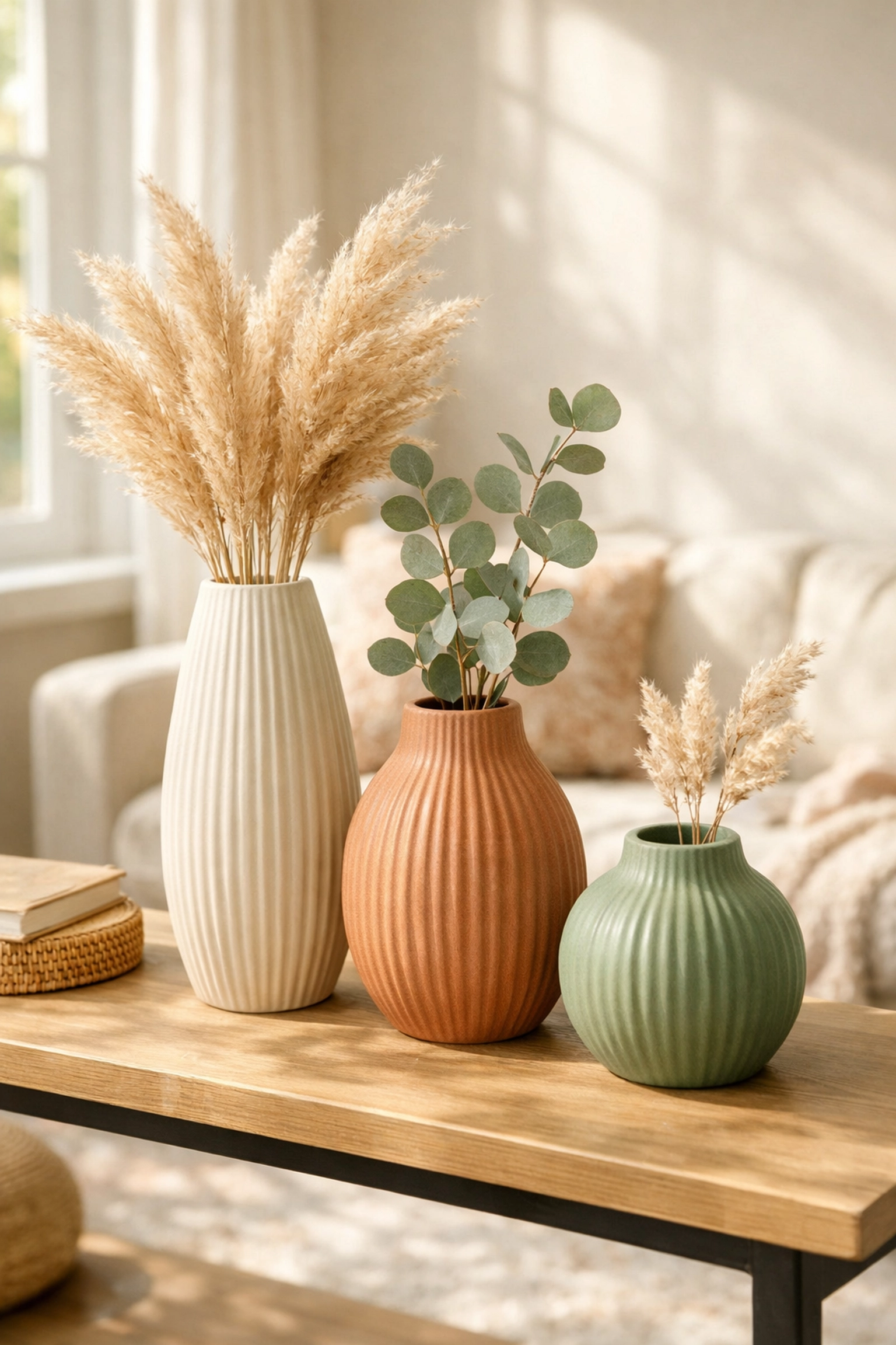 Textured ceramic vases in neutral tones with dried pampas grass on console table for budget home decor