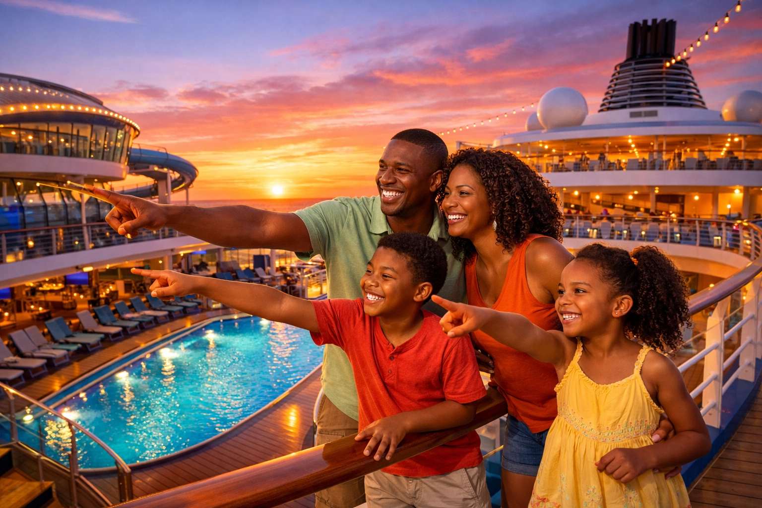 Family on a luxury cruise deck at sunset, planned by an Omaha travel agent.