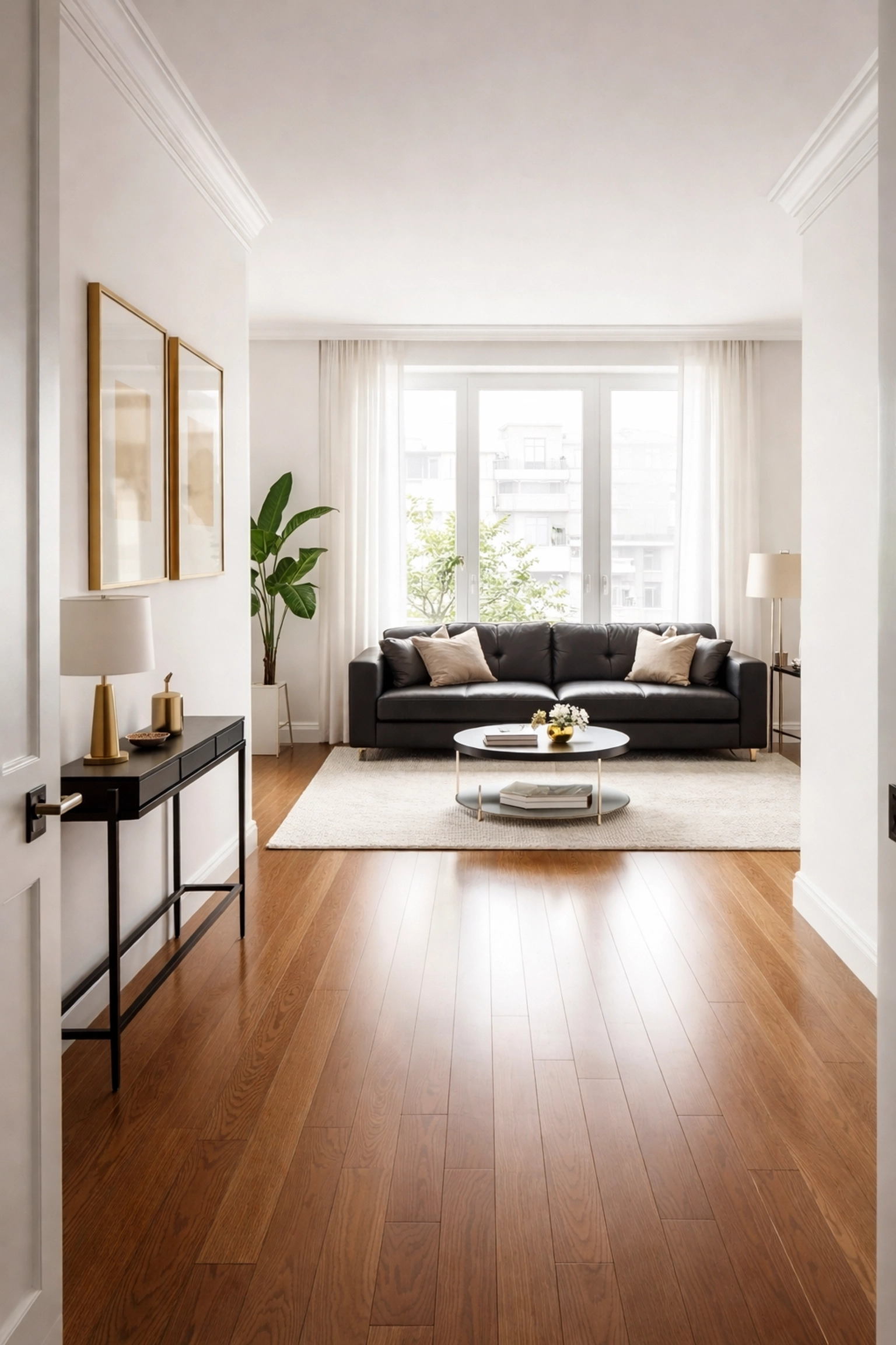 Elegant empty rental apartment interior with matte black and gold accents, showcasing meticulous property preparation for a new tenancy turnover.