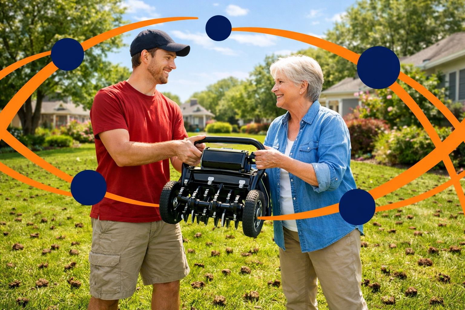 Neighbors sharing a lawn aerator on a green lawn to build community through tool sharing.